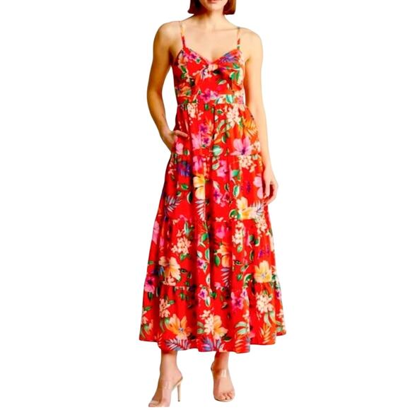 ELIZA J Nordstrom NWT Tropical Hawaiian Floral Red & Pink Maxi Sun Dress Size 6 - Picture 4 of 8